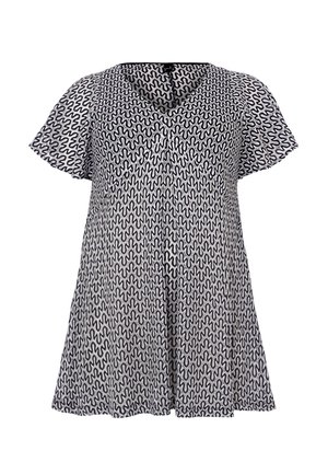 Schwarzes und weißes kurzärmliges Kleid mit einem wellenförmigen abstrakten Muster, V-Ausschnitt und einer ausgestellten Silhouette aus leichtem Stoff.