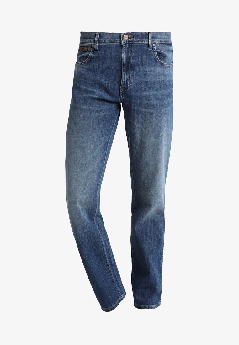 Jeans di denim blu con taglio dritto, con dettagli slavati sulle cosce, design a cinque tasche standard e chiusura con bottone.