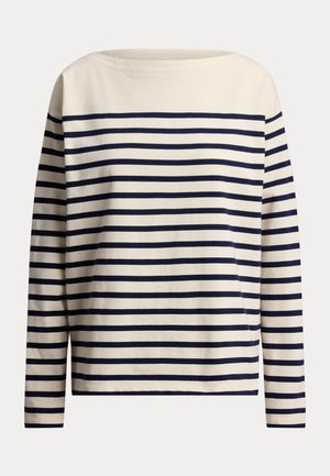 Μπλούζα με μακριά μανίκια σε ναυτικό μπλε και εκρού ριγέ σχεδίαση, με λαιμόκοψη καραβιού, κατασκευασμένη από μαλακό βαμβακερό ύφασμα. Διαθέτει ομοιόμορφες οριζόντιες ρίγες και άνετη εφαρμογή.