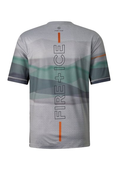 Graues Kurzarmshirt mit grünen und dunkelgrauen abstrakten Bändern, vertikalem "FIRE + ICE" Schriftzug und oranger Linie in der Rückenmitte.