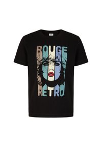 Zwarte katoenen t-shirt met een retro graphic print van een vrouwen gezicht met de tekst "ROUGE" en "RETRO" in pastelkleuren.