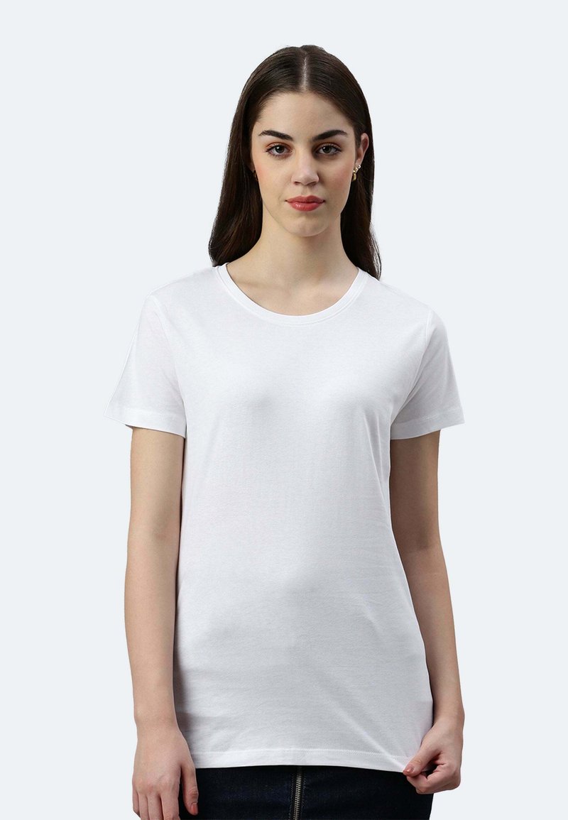 Weißes Baumwoll-T-Shirt mit kurzen Ärmeln und rundem Ausschnitt. Weicher Stoff, figurbetontes Design, und schlicht ohne Muster oder Verzierungen.