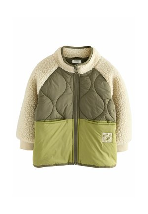 Puffige gesteppt Jacke in Olivgrün und Creme. Mit zwei Fronttaschen, gerippten Bündchen und einem weichen Fleece-Kragen. Mit Reißverschluss.