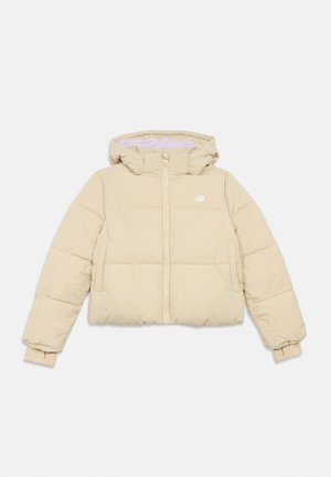 Beige puffer jacket with hood, zip front, side pockets, ribbed cuffs, and a small white New Balance logo on the chest.