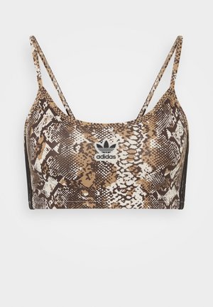 Bralette a fantasia serpente marrone e beige con spalline sottili e logo Adidas sul davanti, caratterizzato da una texture liscia e un fit atletico.