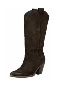 Brune suede cowboy støvle med intrikate syninger, spids tå og stablet hæl. Har træktapper for nem påklædning.