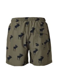 Shorts vert olive avec ceinture élastique, décorés de silhouettes de orignaux noires et d'une poche à rabat sur le côté droit.