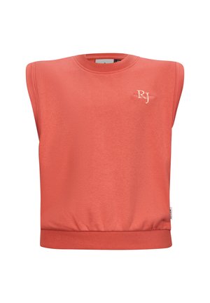 Koraalkleurige sweatshirt met een breed schouderontwerp, geribde halslijn en mouwen, met een kleine logo-geborduurde op de voorkant en een elastische onderrand.