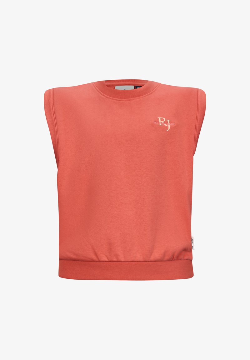 Korallenfarbener Sweatshirt mit breitem Schulterdesign, geripptem Kragen und Bündchen, versehen mit einer kleinen Logo-Stickerei auf der Vorderseite und elastischem Saum.
