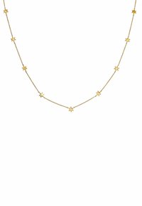 Collar en tono dorado con pequeños colgantes en forma de estrella espaciados a lo largo de una cadena delicada, con una textura fina y suave y un diseño ligero.