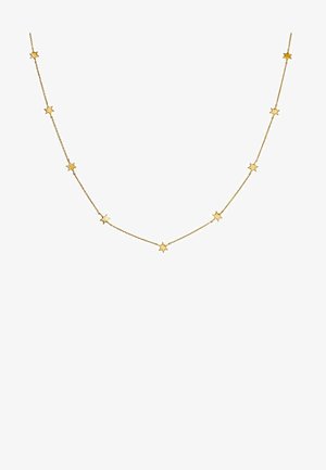 Collar en tono dorado con pequeños colgantes en forma de estrella espaciados a lo largo de una cadena delicada, con una textura fina y suave y un diseño ligero.