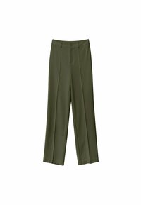 Pantalons à jambes larges vert olive en tissu lisse, avec des plis sur le devant, une fermeture à bouton et un ourlet droit.