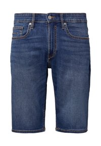 Shorts en denim bleu foncé avec une coupe droite, cinq poches, des coutures jaunes contrastantes et un bouton de fermeture à la taille.