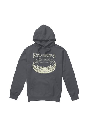 Dunkler Hoodie mit dem Text „Der Herr der Ringe“ und einer Grafik des Einen Rings mit Silhouetten von Charakteren im Ring.
