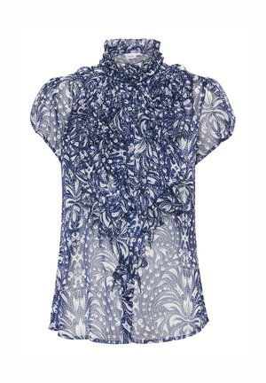 Jūras spēku un baltas krāsas rakstaina blūze ar augstu volānu apkakli, īsām piedurknēm un caurspīdīgu audumu, ar sarežģītām ziedu un paisley dizainiem.