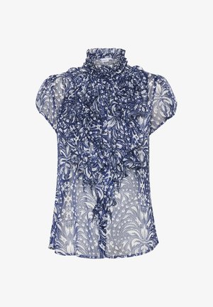 Bluză cu model în nuanțe de navy și alb, cu guler înalt cu volane, mâneci scurte și material transparent, având desene florale și paisley complexe.
