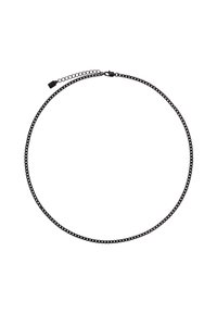 Schwarze Metallkette mit kleinen rechteckigen Gliedern, einem Verschluss und einer verlängerbaren Kette für eine einstellbare Länge. Glatte Textur.