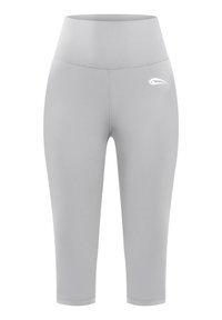 Jasnoszare legginsy sportowe z wysokim stanem, wykonane z gładkiego, elastycznego materiału; posiadają małe białe logo na górnej lewej udzie.