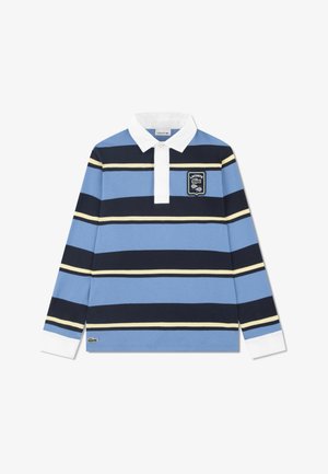 Polo à manches longues rayé bleu clair et bleu marine avec col blanc. Présente un logo Lacoste brodé sur la poitrine. Matière en coton.