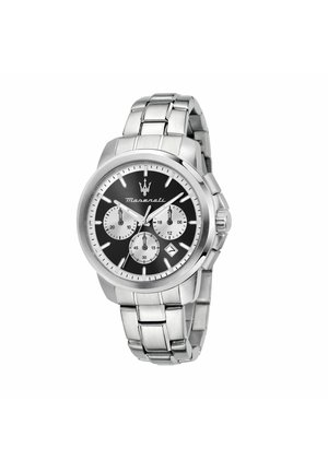 Orologio cronografo Maserati in acciaio inossidabile con quadrante nero, tre contatori secondari, finestra per la data e cinturino a maglie.