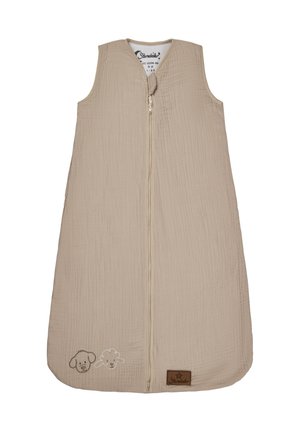 Beiger Schlafsack aus strukturiertem Stoff, mit Reißverschluss und trageslosem Design. Enthält gestickte Motive von Hunden und Schafen sowie ein Marken-Patch.