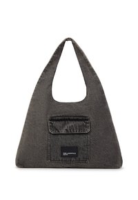 Saco de tecido triangular cinza escuro com um bolso frontal e etiqueta "Karl Lagerfeld Jeans" na aba do bolso.