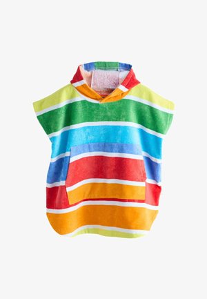 Poncho à capuche pour enfant en tissu éponge, avec manches courtes, rayures horizontales colorées et poche avant.