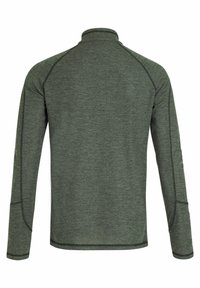 Grünes Langarmshirt mit hohem Kragen und Raglanärmeln, featuring kontrastierenden Nähten und einem weichen, strukturierten Stoff.
