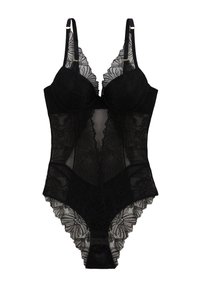 Body en dentelle noire avec des motifs floraux, bretelles réglables, bonnets avec armatures et fermetures à pression à l'entrejambe.