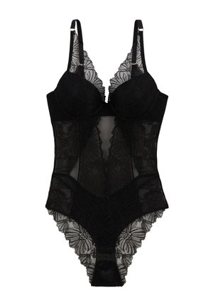 Body en dentelle noire avec des motifs floraux, bretelles réglables, bonnets avec armatures et fermetures à pression à l'entrejambe.