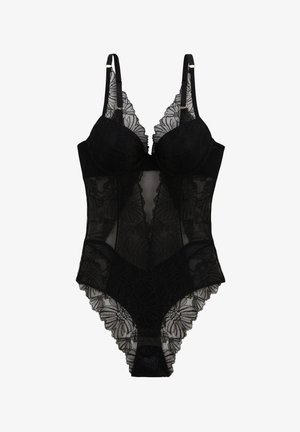 Body en dentelle noire avec des motifs floraux, bretelles réglables, bonnets avec armatures et fermetures à pression à l'entrejambe.