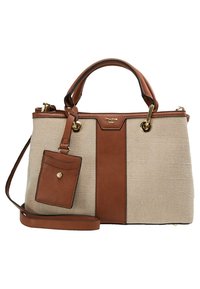 Béžová látková taška s hnědými koženými detaily a vzorem herringbone. Zahrnuje zlaté kovové prvky a odnímatelnou miniaturní tašku.