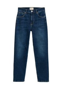 Dunkelblaue Jeans aus Denim mit geradem Schnitt, fünf Taschen, Kupferriegeln und einer leichten Ausbleichung. Mit einem Knopfverschluss und Gürtelschlaufen.