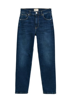 Dark blue denim jeans with a straight fit, five pockets, copper rivets, and a slight fade. Features a button closure and belt loops.