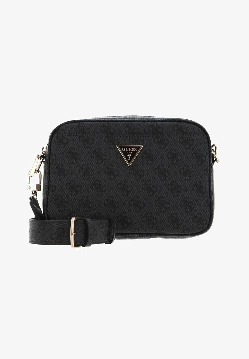 Black crossbody bag with embossed logo pattern, featuring a gold triangle logo, adjustable strap, and zip closure. Textured surface.
