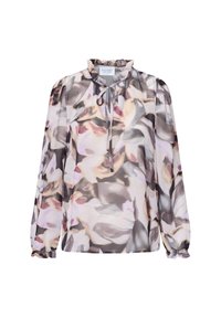 Blomstret bluse med høj krave, lange ærmer og detaljer med snor. Lavet af let stof med nuancer af pink, grå og creme.