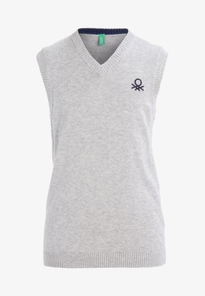 Light gray sleeveless V-neck knitted sweater vest with small dark logo on the upper left chest and ribbed hem and neckline.