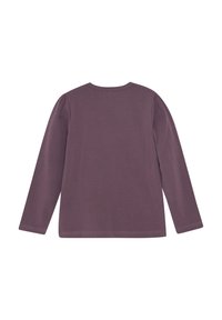 Langärmliges Shirt in gedämpftem Lila, aus weichem Stoff, mit rundem Ausschnitt und gerafftem Detail an den Schulternähten.