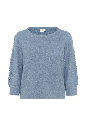Weicher blauer Langarmpullover mit Perlenverzierungen an beiden Ärmeln und rundem Ausschnitt.