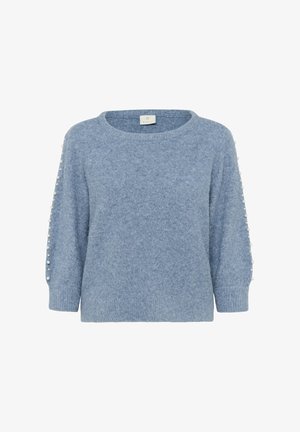 Weicher blauer Langarmpullover mit Perlenverzierungen an beiden Ärmeln und rundem Ausschnitt.