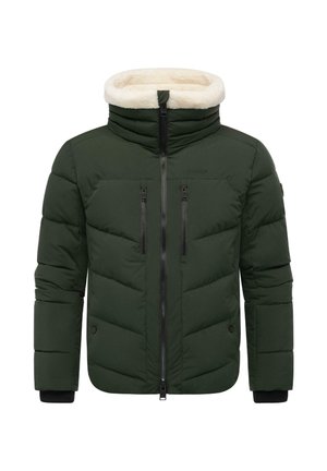 Gevoerd groene jack met een faux shearling kraag, met rits afsluitbare borstzakken en geribbelde manchetten. Kenmerkt zich door een rits aan de voorkant en contrasterende hardware.