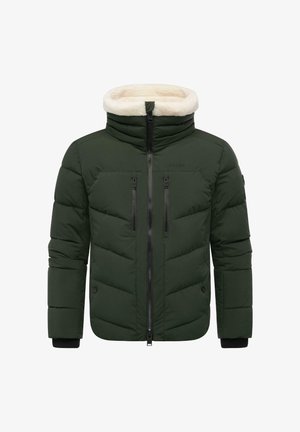 Giacca verde imbottita con colletto in finta shearling, tasche a zip sul petto e polsini a costine. Presenta una chiusura frontale a zip e accessori in contrasto.