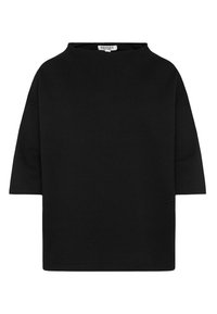 Schwarzes strukturiertes Kurzarmshirt mit Rundhalsausschnitt und einem Etikett mit der Aufschrift "Senses The Label" am Kragen.