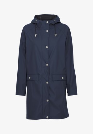 Jūrinis lietpaltis su kapišonu, sidabro spalvos detalėmis, spaustukais, dviem priekinėmis kišenėmis ir tiesia forma su reguliuojamais elementais kapišone.