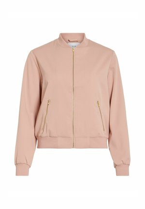 Svetlo roza bomber jakna z zlato sprednjo zadrgo in zadrganimi bočnimi žepi, rebrastim ovratnikom, manšetami in spodnjim robom.