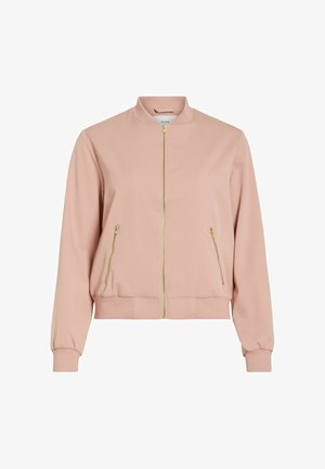 Hele roosa bomberjakk kuldse eesluku ja tõmblukuga küljetaskutega, soonikkoes krae, varrukasääred ja alläär.