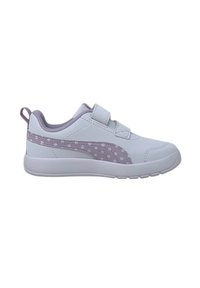 Scarpe da ginnastica bianche con una finitura liscia, caratterizzate da un accento viola a pois e chiusure in Velcro per una facile regolazione.