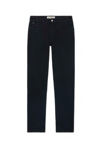 Jeans de mezclilla azul oscuro con un diseño de pierna recta. Incluye costuras en contraste, bolsillos frontales y un cierre clásico de botón.