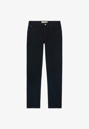 Jeans in denim blu scuro con un design a gamba dritta. Caratteristiche includono cuciture a contrasto, tasche frontali e una chiusura classica con bottone.