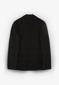 Blazer a cuadros negros con una forma estructurada, featuring solapas de muesca, mangas largas y dos botones en los puños. Tejido texturizado.